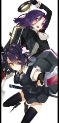 Rule 34 | 10s, arm up, black hair, black legwear, blush, boots, breasts, dual wielding, eyepatch, fingerless gloves, glaive (polearm), gloves, halo, headgear, highres, holding, kantai collection, karei (hirameme), large breasts, loafers, mecha musume, mechanical halo, multiple girls, no socks, open mouth, personification, polearm, purple eyes, purple hair, school uniform, shoes, short hair, skirt, smile, sword, tatsuta (kancolle), tenryuu (kancolle), thighhighs, weapon, yellow eyes