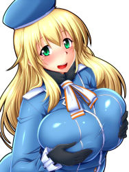Rule 34 | 10s, 1girl, atago (kancolle), blonde hair, breast hold, breasts, gloves, green eyes, hat, highres, huge breasts, kantai collection, long hair, nokoppa, simple background, solo, white background