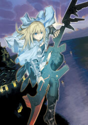 Rule 34 | 1girl, black footwear, black shirt, black thighhighs, blonde hair, blue cape, blue eyes, boots, breasts, cape, city, cleavage, cloud, commentary request, expressionless, fisheye, flying, fuhak, full body, gun, hair between eyes, highres, holding, holding gun, holding weapon, horizon, long bangs, long hair, looking at viewer, medium breasts, miniskirt, ocean, open mouth, original, pleated skirt, shirt, skirt, solo, sunset, thighhighs, vambraces, water, weapon, white skirt