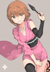Rule 34 | 1girl, alternate costume, black footwear, black sash, black sleeves, black thighhighs, blush, breasts, brown eyes, brown hair, collarbone, commentary, cowboy shot, detached sleeves, embarrassed, foot up, grey background, grimace, haimura kiyotaka, hair between eyes, hand on own crotch, hat, highres, holding, holding weapon, japanese clothes, jewelry, kimono, kimono tug, kinuhata saiai, kunai, looking at viewer, necklace, obi, pearl necklace, pink kimono, sandals, sash, short hair with long locks, short kimono, shuriken, simple background, single bare shoulder, single detached sleeve, single thighhigh, skindentation, small breasts, solo, thick eyebrows, thighhighs, thighs, toaru kagaku no railgun, toaru majutsu no index, toaru majutsu no index: imaginary fest, weapon, witch hat, zouri