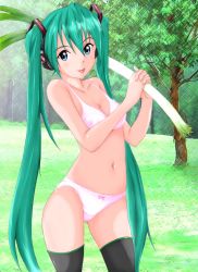 Rule 34 | 00s, 1girl, :p, blue eyes, bra, grass, green hair, hatsune miku, headphones, highres, long hair, looking at viewer, navel, panties, solo, spring onion, standing, tailap, thighhighs, tongue, tongue out, tree, twintails, underwear, underwear only, very long hair, vocaloid