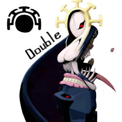 Rule 34 | character name, double (skullgirls), hands together, head accessory, lips, logo, monster, red eyes, simple background, skullgirls, teeth, two heads, white background