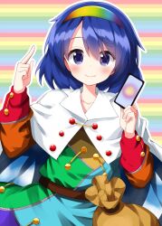Rule 34 | 1girl, ability card (touhou), bag, belt, blue background, blue dress, blue hair, blue hairband, blue sky, blush, brown bag, brown belt, brown hairband, buttons, card, cloak, cloud, cloud print, cloudy sky, collarbone, dress, green background, green dress, green hairband, hair between eyes, hairband, hands up, highres, holding, holding card, index finger raised, long sleeves, looking at viewer, multicolored background, multicolored hairband, one-hour drawing challenge, orange background, orange dress, patchwork clothes, pink background, puffy long sleeves, puffy sleeves, purple background, purple dress, purple eyes, purple hairband, rainbow gradient, red dress, ruu (tksymkw), short hair, sky, sky print, smile, solo, standing, tenkyuu chimata, touhou, white cloak, wing collar, yellow background, yellow dress, yellow hairband, zipper