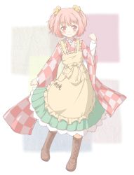 Rule 34 | 1girl, apron, bell, boots, bow, character name, checkered clothes, checkered shirt, clothes writing, cross-laced footwear, female focus, hair bell, hair ornament, jingle bell, lace-up boots, long sleeves, looking at viewer, motoori kosuzu, red eyes, red hair, shino megumi, shirt, short hair, smile, solo, touhou, twintails, two side up, wide sleeves