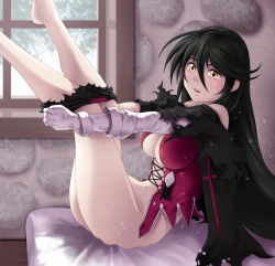 Rule 34 | 1girl, asymmetrical clothes, bandages, barefoot, bed, black hair, blush, breasts, choker, clothes pull, collarbone, embarrassed, feet, large breasts, long hair, parted lips, pussy juice, shorts, shorts pull, solo, sweat, tales of (series), tales of berseria, thor (deep rising), torn clothes, underboob, velvet crowe, yellow eyes