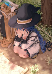Rule 34 | 1girl, absurdres, aia (pixiv15077492), black hat, blue eyes, blue hair, braid, brown cape, brown capelet, cape, capelet, crossed bangs, day, dress, full body, hair between eyes, hands on own face, hands up, hat, head rest, highres, long braid, long hair, map, mushoku tensei, outdoors, roxy migurdia, solo, squatting, staff, tree, white dress, witch hat