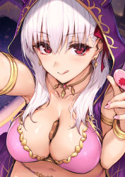 Rule 34 | 1girl, bikini, blush, breasts, candy, chocolate, chocolate heart, chocolate heaven (fate/grand order), cleavage, cloak, fate/grand order, fate (series), food, food on body, food on breasts, hair between eyes, haoni, heart, hood, hood up, hooded cloak, horned hood, horns, jewelry, kama (chocolate heaven) (fate), kama (fate), large breasts, long hair, looking at viewer, necklace, pink bikini, pink ribbon, ribbon, smile, solo, space, swimsuit
