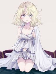 Rule 34 | 1girl, azur lane, babydoll, bare shoulders, blanket, blonde hair, bloomers, blurry, blush, breasts, camisole, cleavage, closed mouth, collarbone, commentary, dress, expressionless, eyepatch, frilled shorts, frills, full body, grey background, kneeling, le terrible (azur lane), le terrible (silence slumber and solace) (azur lane), light smile, long sleeves, looking at viewer, medium hair, midriff, navel, nightgown, official alternate costume, on bed, pajamas, parted bangs, platinum blonde hair, purple eyes, ruchita, seiza, shorts, simple background, sitting, sleepwear, sleeveless, sleeves past fingers, sleeves past wrists, small breasts, smile, solo, thighs, underwear, white dress