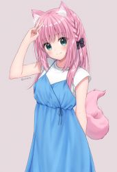 Rule 34 | 1girl, animal ear fluff, animal ears, anz32, arm up, bad id, bad pixiv id, black bow, blue dress, blush, bow, braid, commentary request, dress, green eyes, grey background, hair bow, long hair, original, pink hair, shirt, short sleeves, simple background, sleeveless, sleeveless dress, smile, solo, tail, twitter username, upper body, v, white shirt