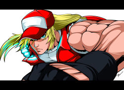 Rule 34 | 1boy, baseball cap, blonde hair, blue eyes, bomber jacket, command input, denim, fatal fury, fingerless gloves, gloves, hair down, hat, highres, jacket, jeans, letterboxed, long hair, looking at viewer, male focus, muscular, pants, ponytail, punching, shirt, simple background, snk, solo, striped, striped background, t-shirt, tank top, terry bogard, the king of fighters, timuri