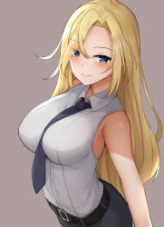 Rule 34 | 1girl, bare shoulders, belt, belt buckle, between breasts, black belt, black necktie, black skirt, blonde hair, blue eyes, blush, breasts, buckle, closed mouth, collared shirt, commentary request, eyes visible through hair, grey background, hair over one eye, highres, hornet (kancolle), kantai collection, large breasts, long hair, mizushina minato, necktie, necktie between breasts, parted bangs, shirt, simple background, skirt, sleeveless, sleeveless shirt, smile, solo, very long hair, white shirt