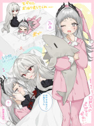 Rule 34 | &gt; &lt;, 2girls, adjusting another&#039;s hair, arknights, beamed eighth notes, bed, black nightgown, blue nails, blush, chibi, closed eyes, collared shirt, commentary request, dress, eighth note, eye contact, face-to-face, grey eyes, grey hair, half-closed eyes, hand on another&#039;s cheek, hand on another&#039;s face, hat, head wings, highres, irene (arknights), long hair, long sleeves, looking at another, multiple girls, music, musical note, nail polish, nightcap, nightgown, nochatea, hugging object, on bed, one eye closed, open mouth, pajamas, pants, pillow, pink headwear, pink pajamas, pink pants, pink shirt, puffy long sleeves, puffy sleeves, red ribbon, ribbon, scar, scar across eye, shirt, singing, sitting, sleepy, smile, specter (arknights), speech bubble, standing, stuffed animal, stuffed shark, stuffed toy, tears, thought bubble, translation request, under covers, very long hair, wings, yawning, yuri