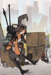 Rule 34 | 1girl, absurdres, backpack, bag, black footwear, black headwear, boots, box, can, commentary, english commentary, eyepatch, goggles, goggles on headwear, grey pants, highres, jacket, leaning forward, mahou arms, one eye covered, orange jacket, pants, pants tucked in, piro (mahou arms), puffy pants, smile, solo, xiaociiao