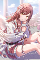 Rule 34 | 1girl, absurdres, angel wings, belt, blush, citrusmikan, closed mouth, feathered wings, feathers, flower, grey sailor collar, hair flower, hair ornament, hair ribbon, hand on own cheek, hand on own face, head rest, highres, idolmaster, idolmaster shiny colors, long hair, long sleeves, looking at viewer, osaki amana, outdoors, red hair, red shorts, ribbon, sailor collar, shirt, shorts, sitting, smile, solo, swept bangs, thigh strap, white shirt, white wings, wings, yellow eyes