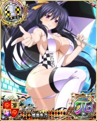 Rule 34 | 1girl, artist request, black hair, breasts, card (medium), character name, chess piece, cleavage, covered erect nipples, hair ribbon, high school dxd, high school dxd pi, himejima akeno, large breasts, leotard, long hair, official art, ponytail, purple eyes, queen (chess), race queen, ribbon, sideboob, solo, thighhighs, umbrella, very long hair