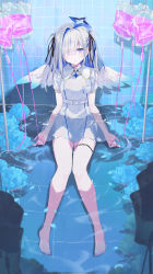 Rule 34 | 1girl, absurdres, amane kanata, angel wings, barefoot, belt, colored inner hair, grey hair, hair over one eye, hair ribbon, highres, hololive, intravenous drip, long hair, multicolored hair, nail polish, nanananana, nurse, parted lips, partially submerged, purple eyes, ribbon, solo, thigh strap, two side up, virtual youtuber, water, wings