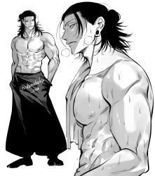 Rule 34 | 1boy, abs, absurdres, alternate costume, biceps, closed mouth, from side, full body, getou suguru, greyscale, hair bun, hakama, hakama pants, hands in pockets, highres, japanese clothes, jujutsu kaisen, large pectorals, long hair, looking at viewer, loose hair strand, male focus, monochrome, multiple views, muscular, muscular male, navel, nipples, pants, pectorals, sideways glance, simple background, smile, sweat, topless male, upper body, v-taper, white background, yuu (guruko)