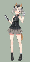 Rule 34 | 1girl, adapted costume, animal ears, black footwear, blush, boots, bow, brave witches, commentary request, edytha rossmann, fox ears, fox tail, full body, garrison cap, gloves, hair bow, hat, looking at viewer, microphone, necktie, open mouth, shimada fumikane, short hair, silver hair, simple background, skirt, sleeveless, standing, tail, twintails, white gloves, world witches series