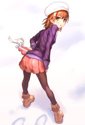 Rule 34 | 1girl, ass, boots, box, brown eyes, brown footwear, brown hair, brown pantyhose, commentary request, gift, gift box, hair between eyes, hat, heart-shaped box, holding, holding gift, jacket, leaning forward, long sleeves, looking at viewer, looking back, misaka mikoto, pantyhose, parted lips, pleated skirt, purple jacket, raika9, red skirt, skirt, sleeves past wrists, snow, solo, standing, toaru kagaku no railgun, toaru majutsu no index, twitter username, white hat