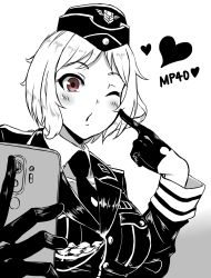 Rule 34 | blush, camera phone, cellphone, character name, emblem, finger to cheek, girls&#039; frontline, gloves, greyscale, griffin &amp; kryuger, grifon&amp;kryuger, hat, highres, hitch (perotoss), military, military hat, military uniform, monochrome, mp40 (girls&#039; frontline), necktie, one eye closed, phone, pocket, purple eyes, selfie, solo, uniform, wehrmacht