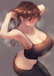 Rule 34 | 1girl, absurdres, adjusting hair, armpits, arms behind head, arms up, ass, black tank top, blush, breasts, brown eyes, brown hair, butt crack, camisole, cleavage, collarbone, commentary request, crop top, from above, hair between eyes, highres, inushima, large breasts, long hair, looking at viewer, midriff, open mouth, original, pants, sideboob, solo, sweat, tank top, yoga pants