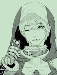 Rule 34 | 1boy, absurdres, arthur pendragon (fate), commentary request, fate/grand order, fate (series), green background, green theme, hair between eyes, hand up, highres, hood, hood up, looking at viewer, male focus, monochrome, natsushiro, one eye closed, open mouth, portrait, simple background, solo