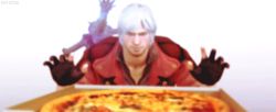 Rule 34 | 1boy, animated, animated gif, capcom, dante (devil may cry), devil may cry (series), devil may cry 4, fingerless gloves, food, gloves, lowres, pizza, sword, weapon, white hair