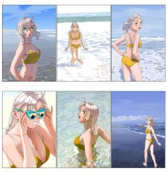 Rule 34 | 1girl, absurdres, antenna hair, ass, beach, bikini, blue sky, breasts, cleavage, collarbone, day, from behind, green eyes, grin, hands on own hips, heart, heart-shaped eyewear, highres, holding, holding hair, horizon, kantai collection, kinugasa (kancolle), kinugasa kai ni (kancolle), large breasts, looking at viewer, looking back, medium breasts, multiple views, navel, ocean, ojipon, outdoors, sitting, sky, smile, sunglasses, swimsuit, tan, tanline, triptych (art), wading, waves, yellow bikini