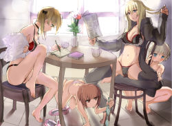Rule 34 | 10s, 4girls, adapted costume, all fours, alternate costume, armadillo-tokage, ass, backlighting, bare legs, barefoot, bismarck (kancolle), black bra, black jacket, black legwear, black panties, black ribbon, blonde hair, blue eyes, blush, bra, breasts, brown eyes, brown hair, chair, cleavage, coffee mug, collarbone, cup, day, feet on chair, flower, frilled bra, frills, full body, fur, green panties, hair ribbon, hand in own hair, holding, holding bra, holding clothes, holding underwear, indoors, jacket, jitome, kantai collection, kitchen, long hair, medium breasts, midriff, mug, multiple girls, navel, newspaper, no headwear, open clothes, open jacket, open mouth, open shirt, panties, parted lips, pencil, pink panties, plant, prinz eugen (kancolle), profile, reading, red panties, ribbon, shawl, shirt, sitting, slippers, spread legs, squatting, stomach, strap gap, striped clothes, striped panties, sunlight, table, teacup, thighhighs, tile floor, tiles, toeless legwear, toes, topless, tulip, twintails, under table, underwear, underwear only, unworn slippers, vase, white panties, writing, z1 leberecht maass (kancolle), z3 max schultz (kancolle)