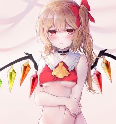 Rule 34 | 1girl, ascot, bare arms, bare shoulders, black choker, blonde hair, blush, breasts, choker, closed mouth, commentary, crop top, crystal, fang, fang out, flandre scarlet, frilled shirt collar, frills, frown, grey background, hair between eyes, hair ribbon, holding own arm, long hair, looking at viewer, medium breasts, midriff, nail polish, navel, neckerchief, no headwear, one side up, pointy ears, red eyes, red nails, red ribbon, ribbon, sidelocks, sleeveless, solo, stomach, symbol-only commentary, touhou, underboob, upper body, wings, yellow neckwear, yuma (yuuma pants)