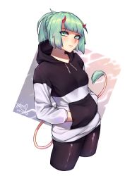 Rule 34 | 1girl, artist name, black hoodie, black pantyhose, blush, breasts, closed mouth, cow tail, dated, expressionless, eyebrows, green eyes, green hair, hands in pockets, highres, hoipus, hood, hoodie, horns, looking at viewer, multicolored clothes, multicolored hoodie, original, pantyhose, signature, small breasts, solo, tail, white hoodie