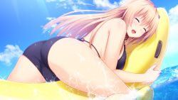Rule 34 | 1girl, absurdres, ass, bikini, black bikini, blonde hair, blush, breasts, closed eyes, cloud, day, from behind, game cg, groin, hair between eyes, happy, highres, inflatable toy, kyouno hana, large breasts, legs, long hair, lying, nekonyan, ocean, on stomach, open mouth, original, outdoors, sitting, sky, smile, sparkle, swimsuit, thighs, tonari ni kanojo no iru shiawase ~curious queen~, trefoil, water, wet