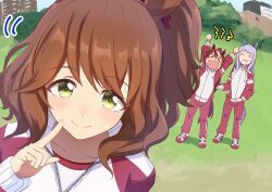 Rule 34 | &gt; &lt;, 3girls, aqua bow, arms up, aston machan (umamusume), blush, bow, breasts, brown hair, bush, closed eyes, closed mouth, commentary request, ear bow, grass, green eyes, hair between eyes, highres, horse girl, jacket, long hair, long sleeves, looking at viewer, mafty, medium breasts, mejiro mcqueen (umamusume), multicolored hair, multiple girls, open mouth, outdoors, pants, parody, photobomb, pink bow, pointing, pointing at self, purple eyes, red footwear, red pants, shoes, smile, sneakers, streaked hair, suiyou dou de shou, tokai teio (umamusume), tracen training uniform, track jacket, track pants, two-tone footwear, umamusume, white footwear, white hair