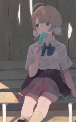 Rule 34 | 1girl, ahoge, arm support, bench, blue bow, blue bowtie, blunt bangs, blush, bow, bowtie, brown hair, clothes around waist, day, food, green eyes, hair ornament, holding, holding food, indie virtual youtuber, jacket, jacket around waist, pleated skirt, pom pom (clothes), pom pom hair ornament, popsicle, shade, shigure ui (vtuber) (2nd costume), shigure ui (channel), shigure ui (vtuber), shirt, short hair, short sleeves, sitting, skirt, solo, swept bangs, taker (flamestorm), virtual youtuber, white shirt