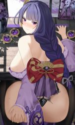 Rule 34 | 1girl, absurdres, bad hands, bad id, bad pixiv id, black thighhighs, blunt bangs, blush, braid, breasts, closed mouth, commentary, english commentary, frilled sleeves, frills, from behind, genshin impact, hair ornament, hand on own ass, highres, huge filesize, japanese clothes, kimono, large breasts, long hair, long sleeves, looking at viewer, looking back, mole, mole under eye, nvl, purple eyes, purple hair, raiden shogun, solo, thighhighs, vision (genshin impact), wide sleeves