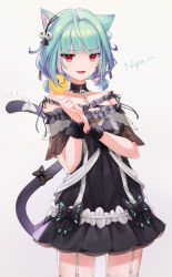 Rule 34 | 1girl, absurdres, animal ears, bare shoulders, blush, cat ears, cat tail, colored tips, double bun, dress, green hair, hair bun, hair ornament, highres, hololive, looking at viewer, multicolored hair, necromancer, open mouth, piyoko (uruha rushia), red eyes, short hair, skull hair ornament, smile, solo, tail, uruha rushia, uruha rushia (3rd costume), virtual youtuber