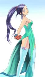 Rule 34 | 1girl, :d, aqua dress, bare arms, bare shoulders, black hair, blush, box, bracelet, breasts, chocolate, cleavage, dragon quest, dragon quest xi, dress, female focus, from side, full body, gift, gift box, gradient background, happy, happy valentine, heart, highres, jewelry, koba (furikake-p), long dress, long hair, looking at viewer, looking to the side, martina (dq11), medium breasts, neck, open mouth, ponytail, purple eyes, sideboob, smile, solo, standing, strapless, strapless dress, swept bangs, thighhighs, valentine, very long hair