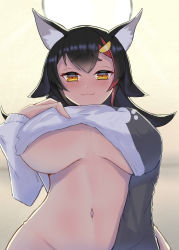 Rule 34 | 1girl, :3, absurdres, animal ear fluff, animal ears, arm support, black hair, blouse, blush, bottomless, breasts, breasts apart, casual, ceiling, ceiling light, clothes lift, curvy, enryuu (rmxs3488), hair flaps, hair ornament, hand on own chest, highres, hololive, indoors, large breasts, lifted by self, long hair, long sleeves, looking at viewer, multicolored hair, navel, no bra, no panties, ookami mio, ookami mio (casual), paw print, paw print pattern, pov, red hair, shirt, shirt lift, smile, solo, streaked hair, underboob, underwear, virtual youtuber, white shirt, wide hips, wolf ears, yellow eyes