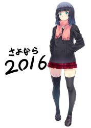 Rule 34 | 1girl, 2016, black hair, black thighhighs, blush, coat, full body, green eyes, hands in pockets, highres, jpeg artifacts, light blush, loafers, nagayori, new year&#039;s eve, original, parted lips, plaid, plaid skirt, scarf, school uniform, shoes, simple background, skirt, solo, standing, thighhighs, white background, zettai ryouiki