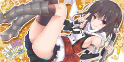 Rule 34 | 10s, 1girl, blush, brown eyes, brown hair, character name, elbow gloves, fingerless gloves, gloves, hair ornament, holding, kantai collection, long hair, looking at viewer, panties, pantyshot, scarf, school uniform, sendai (kancolle), sendai kai ni (kancolle), serafuku, single thighhigh, smile, solo, star (symbol), takanashi haruto, thighhighs, torpedo, two side up, underwear, white scarf