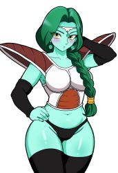 Rule 34 | 1girl, absurdres, arm up, armor, armpits, black panties, black sleeves, black thighhighs, blush, braid, braided ponytail, breastplate, breasts, circlet, closed mouth, colored skin, commentary request, detached sleeves, dragon ball, dragonball z, earrings, genderswap, genderswap (mtf), green hair, green skin, hand on own hip, highres, jewelry, long hair, looking at viewer, navel, nigori (6 9 love), panties, purple lips, simple background, solo, standing, thighhighs, underwear, white background, yellow eyes, zarbon