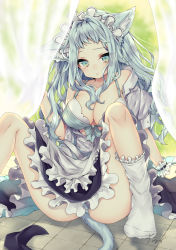Rule 34 | 1girl, animal ear fluff, animal ears, apron, aqua bra, ass, black dress, blue eyes, blue hair, blue panties, bow, bow bra, bra, breasts, cleavage, collarbone, dress, foot out of frame, frilled socks, frills, hair over shoulder, hand up, highres, kneehighs, large breasts, light blue hair, long hair, looking at viewer, m legs, maid, maid apron, maid headdress, nachiru, no shoes, off shoulder, on floor, original, panties, pantyshot, short sleeves, signature, sitting, socks, solo, spaghetti strap, spread legs, striped clothes, striped panties, tail, tears, thighs, underwear, white dress, white panties, white socks, wrist cuffs