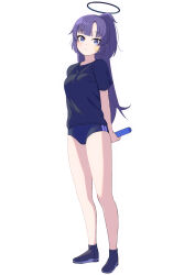 Rule 34 | 1girl, afnroll, black footwear, black shirt, blue archive, blue eyes, blue jacket, blush, breasts, buruma, commentary, full body, halo, high ponytail, highres, jacket, knees together feet apart, long hair, long sleeves, looking at viewer, medium breasts, open mouth, pizzasi, purple hair, shirt, short sleeves, solo, thighs, yuuka (blue archive), yuuka (track) (blue archive)