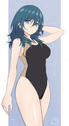 Rule 34 | 1girl, alternate costume, black one-piece swimsuit, blue background, blue eyes, breasts, byleth (female) (fire emblem), byleth (fire emblem), cleavage, competition swimsuit, covered navel, fire emblem, fire emblem: three houses, grey eyes, highleg, highleg swimsuit, highres, komurice, medium breasts, medium hair, nintendo, one-piece swimsuit, solo, standing, swimsuit