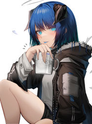 Rule 34 | 1girl, absurdres, arknights, black halo, black shorts, blouse, blue eyes, blue tongue, colored tongue, cup, dark halo, demon horns, detached sleeves, energy wings, fur-trimmed hood, fur trim, grey shirt, halo, heart, highres, holding, holding cup, hood, hood down, hooded jacket, horns, jacket, knee up, looking at viewer, mostima (arknights), mug, notice lines, open clothes, open jacket, shirt, short shorts, shorts, simple background, sitting, solo, tab head, white background