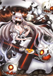 Rule 34 | 10s, 1girl, absurdres, breasts, cleavage, cup, dress, enemy aircraft (kancolle), highres, horns, kantai collection, large breasts, long hair, midway princess, nigel.k, orange eyes, solo, sugar cube, tea, teacup, very long hair, white hair