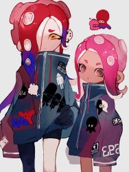 Rule 34 | 2girls, agent 8 (splatoon), blue hair, cephalopod eyes, closed mouth, commentary request, dedf1sh, ear piercing, earrings, gradient hair, hair over one eye, highres, hoop earrings, jewelry, li04r, long hair, looking at viewer, medium hair, multicolored hair, multiple girls, nintendo, octoling, octoling girl, octoling player character, octopus, open mouth, piercing, pink hair, raincoat, red hair, simple background, sleeves past fingers, sleeves past wrists, splatoon (series), splatoon 2, splatoon 2: octo expansion, splatoon 3, splatoon 3: side order, standing, tentacle hair, thick eyebrows, two-tone hair, white background, yellow eyes