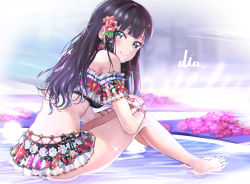 Rule 34 | 1girl, absurdres, bare legs, bare shoulders, barefoot, bikini, black bikini, black hair, blush, breasts, character name, closed mouth, commentary request, earrings, fingernails, floral print, flower, green eyes, hair flower, hair ornament, highres, hoop earrings, jewelry, kurosawa dia, leaning forward, long hair, looking at viewer, looking back, love live!, love live! school idol festival, love live! sunshine!!, medium breasts, mole, mole under mouth, nail polish, print bikini, red flower, red nails, red rose, rose, shaka (staito0515), shallow water, smile, solo, swimsuit, toenail polish, toenails, water