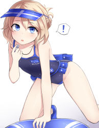 Rule 34 | !, 1girl, all fours, blonde hair, blue eyes, breasts, commentary request, hair between eyes, hair up, highres, neit ni sei, one-piece swimsuit, open mouth, original, shadow, shoes, small breasts, solo, spoken exclamation mark, swimsuit, visor cap, wet, whistle, white background