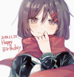 Rule 34 | !, 1girl, black sailor collar, black serafuku, blurry, brown eyes, brown hair, closed mouth, commentary request, dated, english text, enpera, hair between eyes, hair ornament, hairclip, hand to own mouth, happy birthday, kagerou project, long sleeves, looking at viewer, mekakucity actors, muuta04, neckerchief, red scarf, sailor collar, scarf, school uniform, serafuku, simple background, sleeve cuffs, smile, solo, tateyama ayano, upper body, white background, white neckerchief